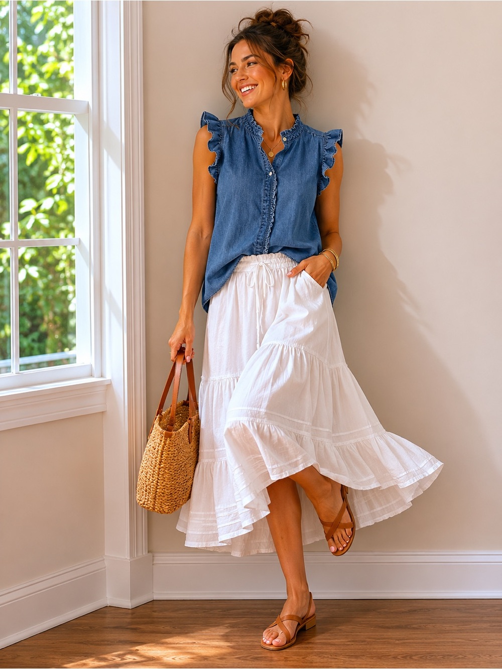 LOFT Ruffle-Sleeve Chambray Top in Blue - Picture 2 of 7